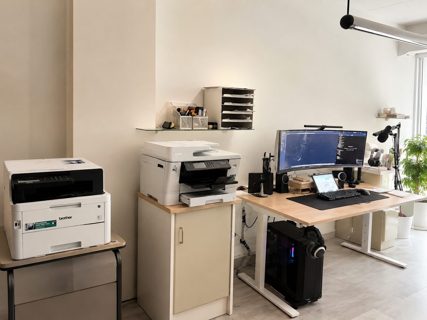 Despacho tecnico con planos, monitores y documentacion